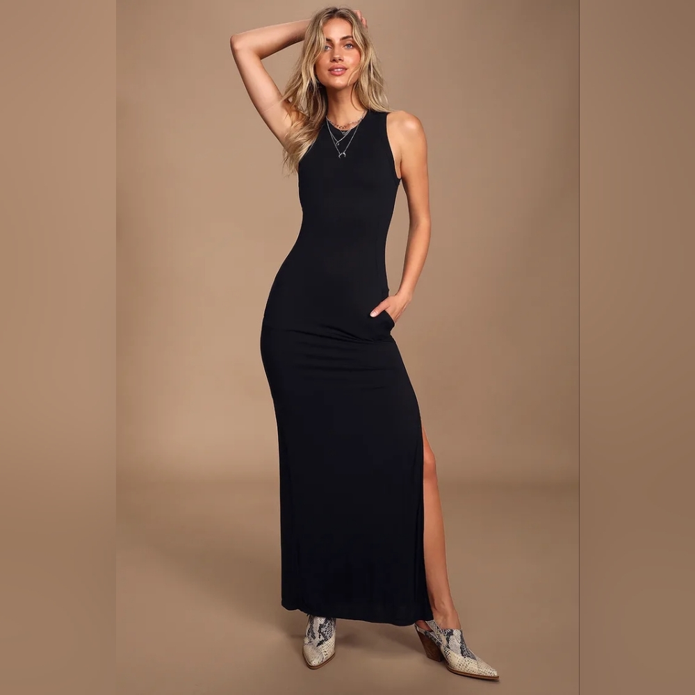 Sleek Black Sleeveless Lined Stretchy Bodycon Maxi Dress with Slit by Lulu's, M